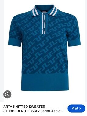 J.Lindeberg women’s Teal Blue Geometric Knit Polo with Striped Collar